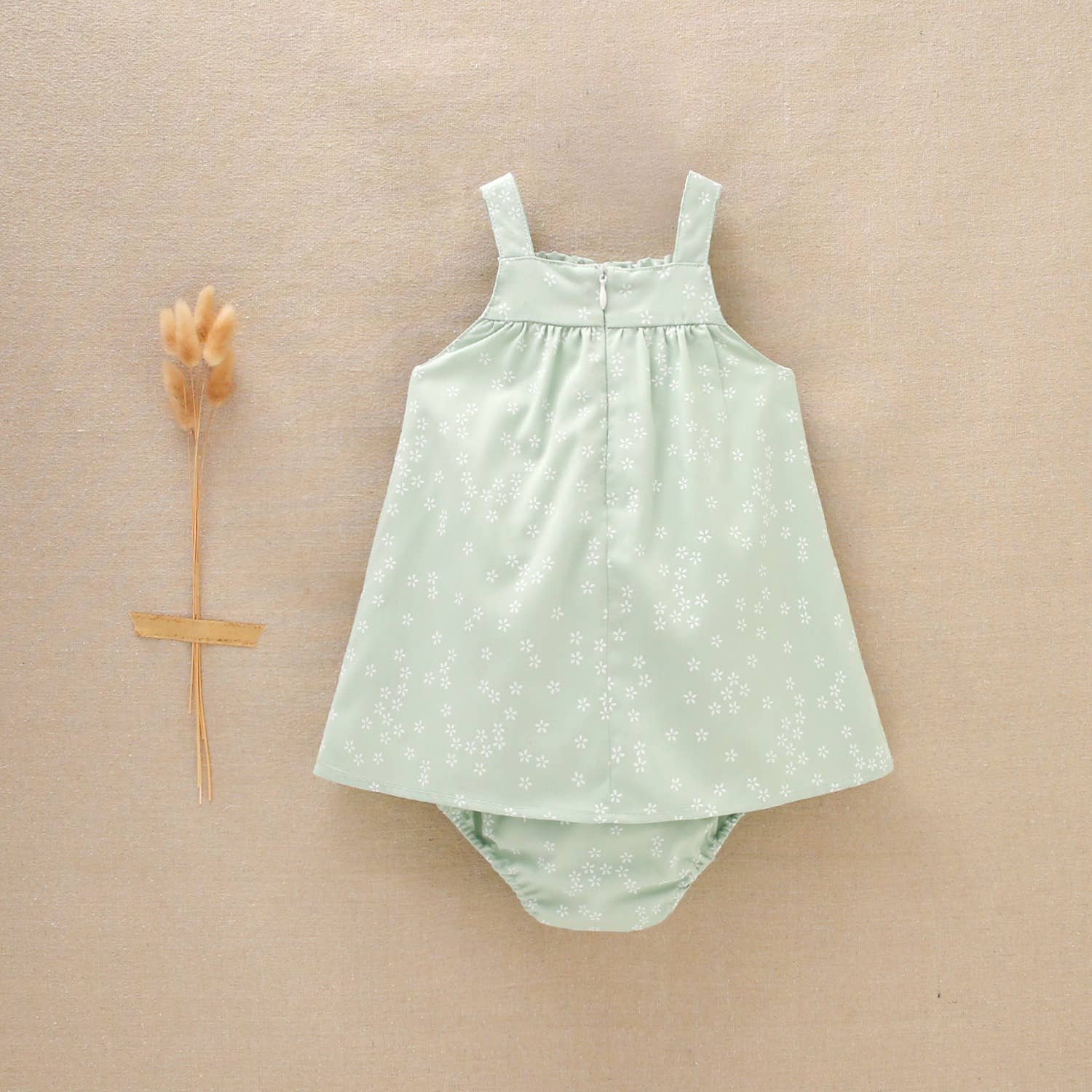 Green Baby Girl's Dress with Flowers with Bow and Panties