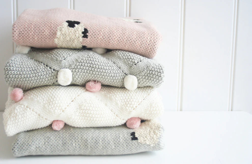 Pom Pom Baby Blanket Ivory Pink