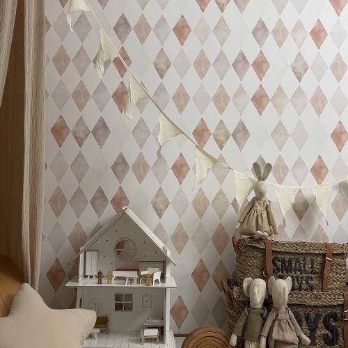 A charming dollhouse setup with soft toy rabbits and mice, woven storage baskets labeled 'Small Toys,' and a pastel harlequin-patterned wallpaper background. Perfect for a cozy nursery or playroom decor