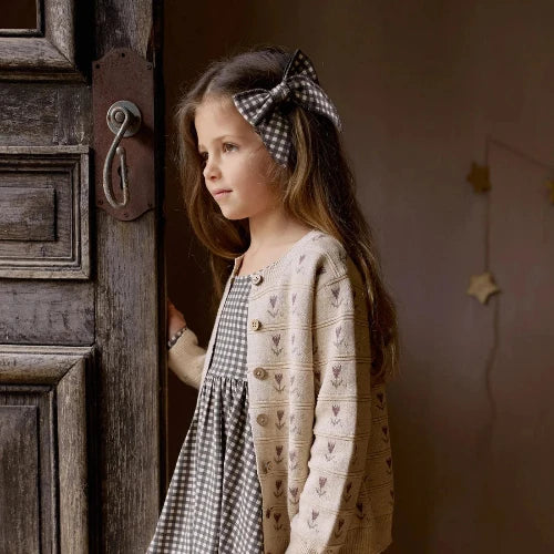 Young girl wearing a checkered dress and bow hairband standing by a wooden door