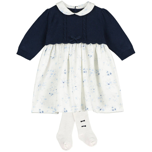 Cerys Navy Girls Floral Dress with Tights