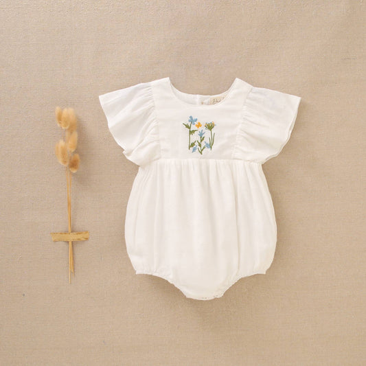 Short Sleeve Baby Girl's Frog with Flower Embroidery