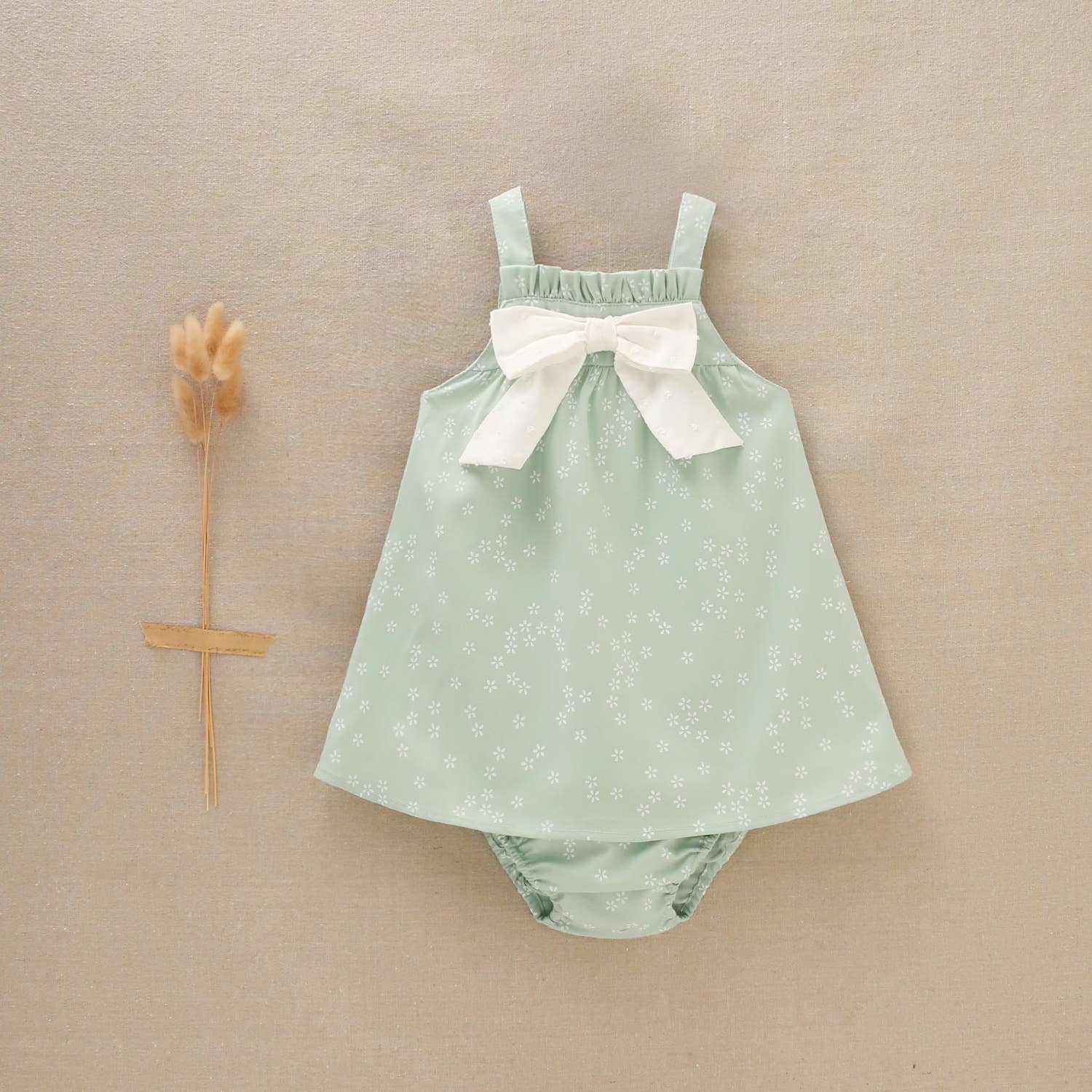 Green Baby Girl's Dress with Flowers with Bow and Panties